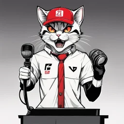 a drawing of a manga cat man with a sports cap and shirt, speaking at a (((lectern))) with a microphone, red, white and black colors, cat white and black colors, angry cat