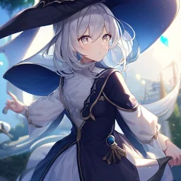 Clear focus, High resolution, medium length hair, white cyan hair, cyan eyes, wearing a witch uniform, Sighing, wearing a medium skirt