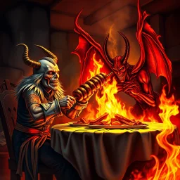 make an album cover of Eddie from the Iron Maiden hardrock band, he is sharing a big kebab in hell with Lucifer at a table in a kitchen, fire burning everywhere