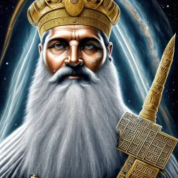 photo realistic, symetrical, centered, ultra detailed, digital art, in center is a portrait of highly detailed greek colossus god zeus surrounded by galaxy codes seeking knowledge, gray beard, crown filled with crystals, detailed face with human skin color, eyes filled with galaxy, dominating colors = gray light blue and dark gold, lightning, smoke,