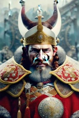 Detailed viking king, red hair, white leather armor, intricate details, full body portrait, keep head in frame, white Japanese motif, concept art, highly detailed, digital painting, concept art, sharp focus, illustration, art by Yoji Shinkawa, WLOP and greg rutkowski and alphonse mucha and artgerm and yanjun Chen and Junji ito and Makoto Shinkai, HDR, octane render