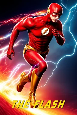 1/4 side view, looking at the viewer, Movie Poster - "THE FLASH" - A thick, extremely muscular, 7'8" tall man, ((skintight, formfitting, long-sleeved, red spandex bodysuit:1.5)), ((gold knee-high boots:1.5)), ((gold wrist gauntlets, red fingerless gloves, gold, double holstered utility belt:1.5)), ((skintight, formfitting, red spandex helmet with red eye disguise,:1.5)), Glowing eyes, Running in the speedforce with multicolored lightning emanating from his body