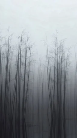 Field of bamboos gray trees in the swamp , dim light , foggy, sad, Bruegel painting style , cloudy, atmosphere,