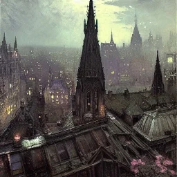 Garden rooftops , Gotham city,Neogothic architecture, by Jeremy mann, point perspective,intricate detailed, strong lines, John atkinson Grimshaw,