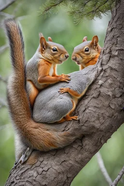 a pair of squirrels in love sleeping snuggling together in a big tree