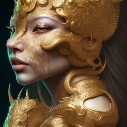 Sango fantasy, fantasy magic, intricate, sharp focus, illustration, highly detailed, digital painting, concept art, matte, art germ and Paul Lewin and Kehinde Wiley, masterpiece Indonesian lady head bronze tiger Asian African girl nice breast Hawaiian hair turquoise golden waves