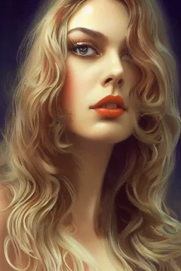 1970's porno model , cute, big droopy eyes, angelic face with minor blemishes, beautiful, long orange flowing hair, wavy hair, curly hair، black eyes, head and shoulders portrait, cinematic, misty atmosphere, 8k, resolution concept art portrait by Greg Rutkowski, Artgerm, WLOP, Alphonse Mucha dynamic lighting hyperdetailed intricately detailed, bokeh, Stunning 8k ektar film scan