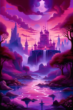 Realm of Pink & Purple" Subtitle: "Enter a World of Magic and Mystery" Design Concept: Create a mesmerizing scene set in a mystical realm bathed in shades of pink and purple. Perhaps a majestic castle floating among cotton candy clouds, or a serene lake reflecting the hues of a twilight sky. Incorporate whimsical elements like cascading waterfalls, enchanted forests, or playful fairies flitting about. Use soft pastel pinks, radiant magentas, and deep royal purples to infuse the design