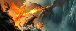 fire smoke and fog and light rays, phoenix octopus bird witch bear dragon in icy waterfall looks beyond really powerful slapping a bird in the face with fire, fantasy illustration, in the style of Rembrandt