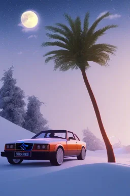 1980's aesthetic vaporwave palm trees with lighting with moon with audi in the winter snow