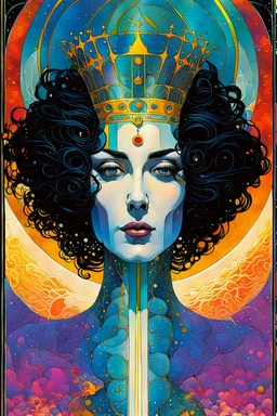 Create a chaotic abstract cubist Tarot Card depicting , The Queen of Swords , with highly detailed facial features, in the style of Bill Sienkiewicz, Philippe Druillet, Gustav Klimt, and Jean Giraud Moebius, precisely drawn, colored and inked, with ornate bordered edges