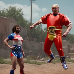 Realistic image of Donald trump wrestler, jump, Mexican wrestling style, eye line, red and blue breeches, glow us flag dress, suspenders, retro style, 80s, vibrant color, highly detailed, clean background, concept art, unreal engine 5, god rays, ray tracing, RTX, lumen lighting, ultra detail, volumetric lighting, 3d, finely drawn, high definition, high resolution.