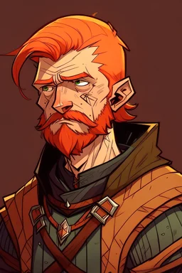 A witcher of the witcher game. Scar in mouth, ginger hair, short hair anda no beard. 23 Years old, Young face, sad expression. Arte like a adult cartoon