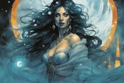 create a highly detailed high fantasy portrait illustration of a sensual sorceress clothed in hoarfrost, amidst a swirling blizzard on the eve of Samhain under the watch of a baleful moon in the graphic novel style of Bill Sienkiewicz, with highly detailed facial features and clothing, otherworldly and ethereal