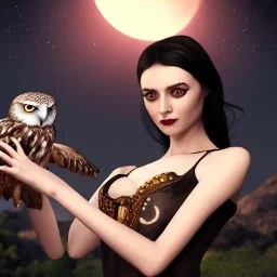 hyper realistic, young cute girl with moon in background, short black hair, holding a owl. black tatoo on arm. dressed a steampunk pirate, bra with carved leather. Salvador dalì style. high details. 4k, unreal engine.