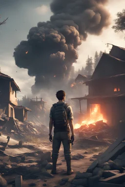 A survival game character staring at their home being destroyed by enemies