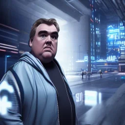 John Candy in a hoodie cyberpunk very detailed cinematic unreal engine photo realistic