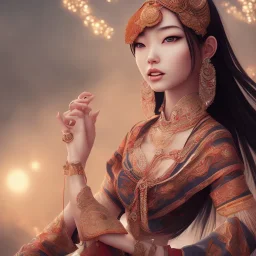 wonderful japanese woman, looking up, wearing indian clothes, long black hair, 4k, many details, very realistic, render