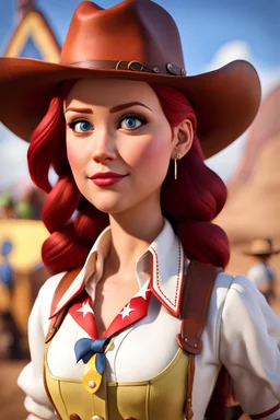 Ultra realistic version in 32k UHDR photography - center on a full body view of- . Toy Story's Jessie the Cowgirl - - in their iconic symbolism- looking at the viewer- - , - , as a real human person - - Ultra Beautiful- Attractive- Stunning. Here are the technical details and dimensions for a realistic version of - the Cowgirl Jessie from Toy Story, Technical Details and Dimensions: Height: Approximately 5 feet 6 inches (168 cm) Physique: Slender yet athletic, Bent over