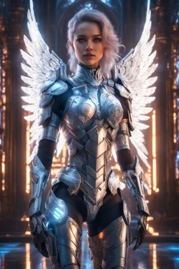 Photography detailed beautiful Angel woman as cyborg in castle, with cybernetic elements on metal armor, neon lights reflections,intricate design and details, dramatic lighting, Cinematic lighting, Volumetric lighting, Epic composition, Photorealism, Bokeh blur, Very high detail,Character design, Unreal Engine, Octane render, HDR, Subsurface scattering