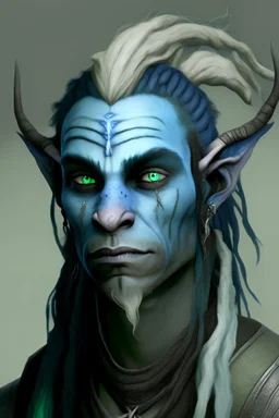 A tieffelin with blue skin and white Dreadlock hair. His pupil-less eyes are green. He wears a small beard. His horns are black and curved backwards. He wears a beige tunic.