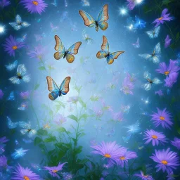 garden with subtle cristal transparent bright glitter blue butterfly, light, galactic, subtle flowers