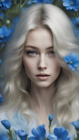ظهر امراه من الخلف لا يظهر وجهها لوحدها وحولها زهور زرقاء لونها خفيف شعرها متوسط الطول مموج قليلاً لونه اسود