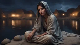 Hyper Realistic closeup-view of a Sad-Young-Beautiful-Pashto-Woman sitting on a stone riverside at dark-village-night