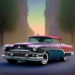 volumetric night time 1950s' city environment and background, concept study, close-up pencil sketch and color marker of 1953 buick skylark car, house of kolor candy paint, matchbox™, custom, car-toons, convertible roof down, classy black paint job, realistic shaded volumetric lighting, ambient occlusion, anime, backlight, random custom bodywork and coachbuilding by roy brizio