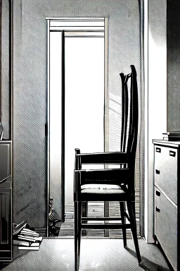 chair in the middle of an empty room, grayscale