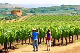 turistas en viñedo de Rioja, España. Fotografía con cámara Canon y objetivo 50 mm