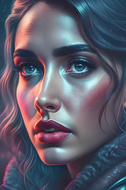 A stunning close-up illustration of Ana de Armas in a dramatic, dark and moody style, inspired by the work of Simon Stålenhag, with intricate details and a sense of mystery
