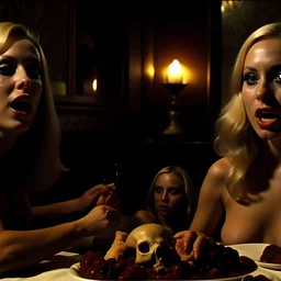 Horror movie shot, spooky, hot, ultra realistic, dine, horns, ultra realistic hot blonde women, party, pieces of meat, organs, ail, dynamic, very excited people, hypermaximalist figures, light, 1970's Italian horror movie, sinister,, Dario Argento, Stanley Kubrik, ornate, 4k, photorealism