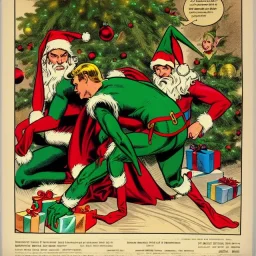 two elves. woman and man. Christmas scene. poster. marvel comic. low-key