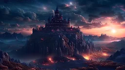 A fortress on magic tower , realty mountains, only sky, color is dark , where you can see , panorama. Background: An otherworldly planet, bathed in the cold glow of distant stars. gloomy landscape with dramatic HD highlights detailled