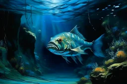 A blue underwater abyss with angler fish painted by Édouard Manet