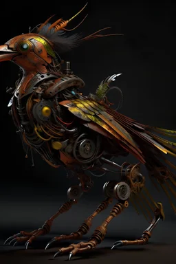 A full length cyber buceros bird mixed with a rusted robot, carrying a weapon,8k ultra detail, baroque painting by AI
