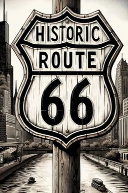 A detailed black and white illustration depicts a vintage wooden Historic Route 66 sign in the foreground, angled towards the left. The sign's design features a distressed brown frame with a white shield in the center, boldly displaying "HISTORIC ROUTE" in black text above large, stylized "66" numbers. The background showcases a bustling city skyline with numerous tall buildings, including the prominent Willis Tower, all rendered in shades of grey and white. A river flows through the scene, refl
