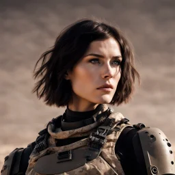 beautiful sexy caucasian female soldier, black metal body and limbs, visible cybernetic limbs, scratched sand camo, no armor, short brunette wavy bob haircut, dystopian, desert scene