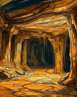 A tan underground cavern in graffiti art style painted by Leonardo da Vinci