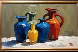 Thick impasto Oil painting of Vases and jugs in the style of frank Auerbach