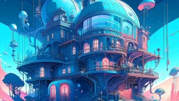 mysterious retrofuturistic house, extremely detailed, sharp focus, wide view, full body shot, smooth, digital illustration, by james jean, by rossdraws, frank franzzeta, mcbess, sakimichan, brosmin, danton fadeev, steve simpson and lisa frank and matthew