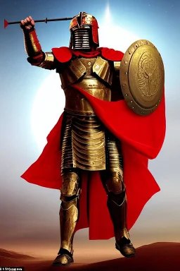 Planet Mars portrayed as a menacing man wearing Roman-like armour, a red cape, and a spartan helmet that covers his face entirely, he is armed with a spear and a spartan shield, his armour is covered with battle marks