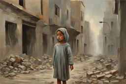 Grey sky, crying little palestinian girl wearing kuffeah , rocks, destroyed buildings , 80's sci-fi movies influence, friedrich eckenfelder and willem maris impressionism paintings