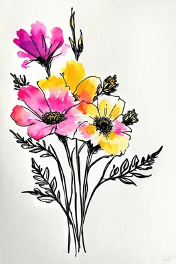 ‘Art is the unceasing effort to compete with the beauty of flowers and never succeeding" is a vividly bold, mesmerizing watercolor masterpiece that redefines floral art, showcasing a harmonious blend of vibrant colors. Each blossom is accentuated with a thin black/gold or white/silver ink outline, creating a formal linear design.