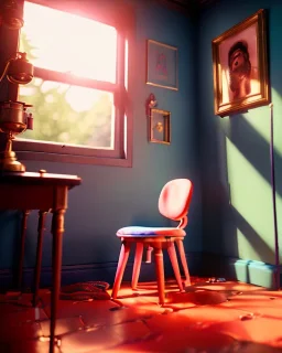 Room scene with color hair monster, Wes Anderson style, realistic photo, sweet, concept art, smooth, unreal engine 5, god lights, ray tracing, RTX, lumen lighting, ultra detail, volumetric lighting, 3d.