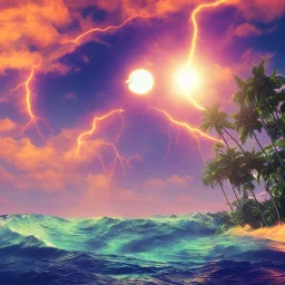 1980's vaporwave aesthetic palm trees with lightning with solar eclipse in the ocean waves sunset