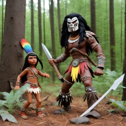 [1960’s stop-motion animation style traveling through the forest of the Midwest, ] a 70s advertisement video TV featuring the predator fighting a young native Indian woman, adorned in her war paint and wielding her stone axe. ; as a claymation character toy from a claymation horror movie in burning rainbow land, from hell, creepy Videos, strange creatures everywhere , as old advertisement shot on video VHS