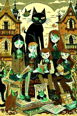 Act like a book cover designer. Use folk art style. Grimmy black cat and a group of three teenagers (13-15 years old) - two brothers with ginger hair and frickles with a brown-haired girl. Environment: old town.