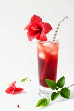 Hibiscus iced tea in a long glass with a metal straw and empty white background